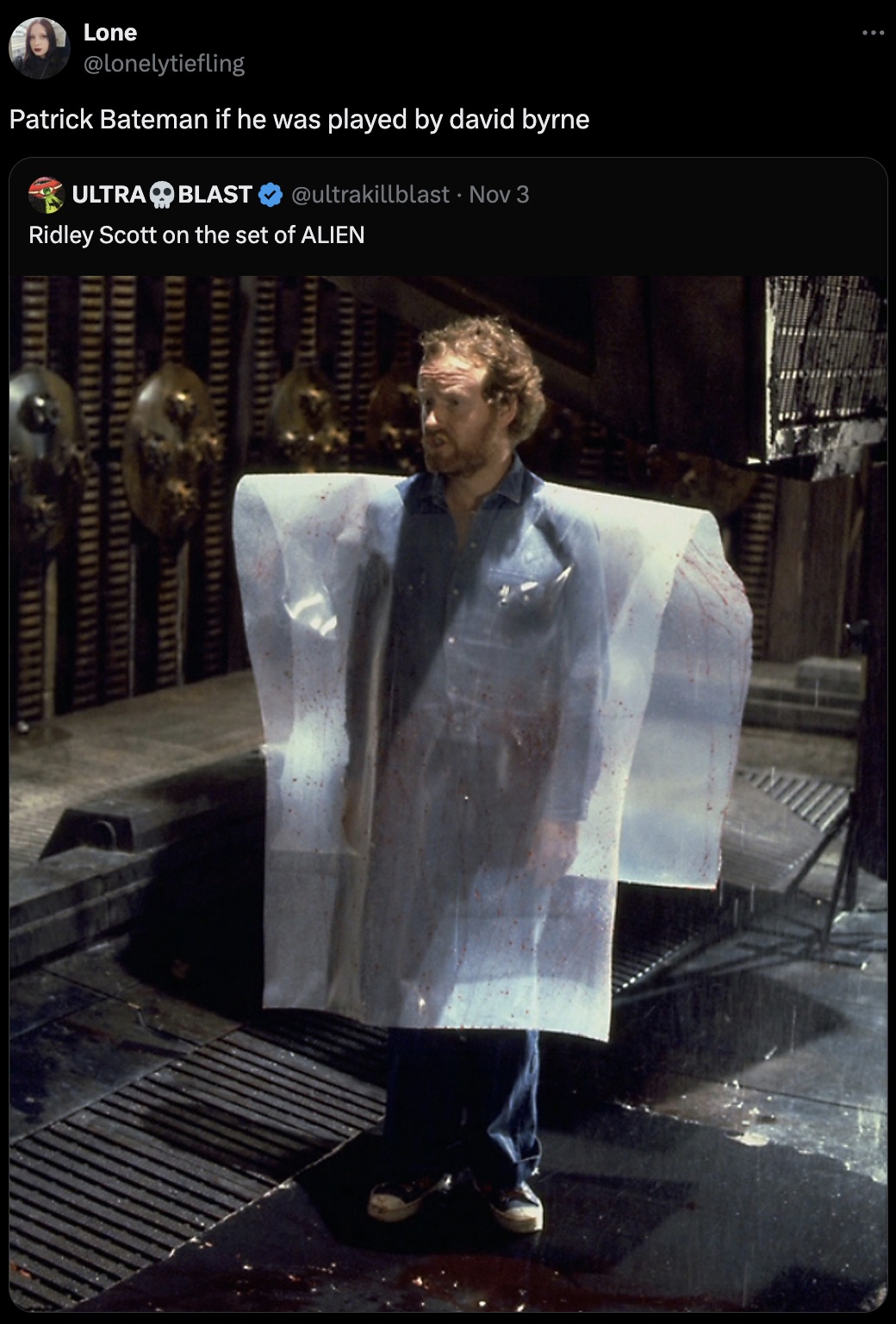 poster - Lone Patrick Bateman if he was played by david byrne Ultra Blast Nov 3 Ridley Scott on the set of Alien